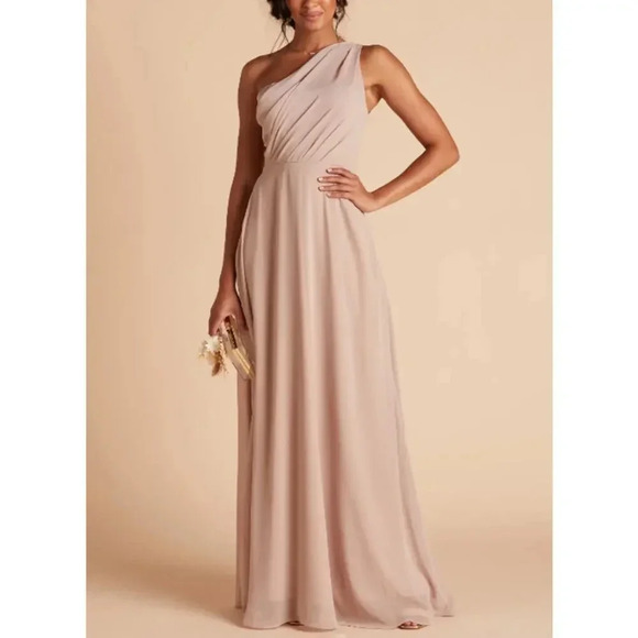 NWT Birdy Grey Kira Maxi Dress Asymmetrical One-Shoulder A-Line Chiffon Taupe S - Picture 2 of 5